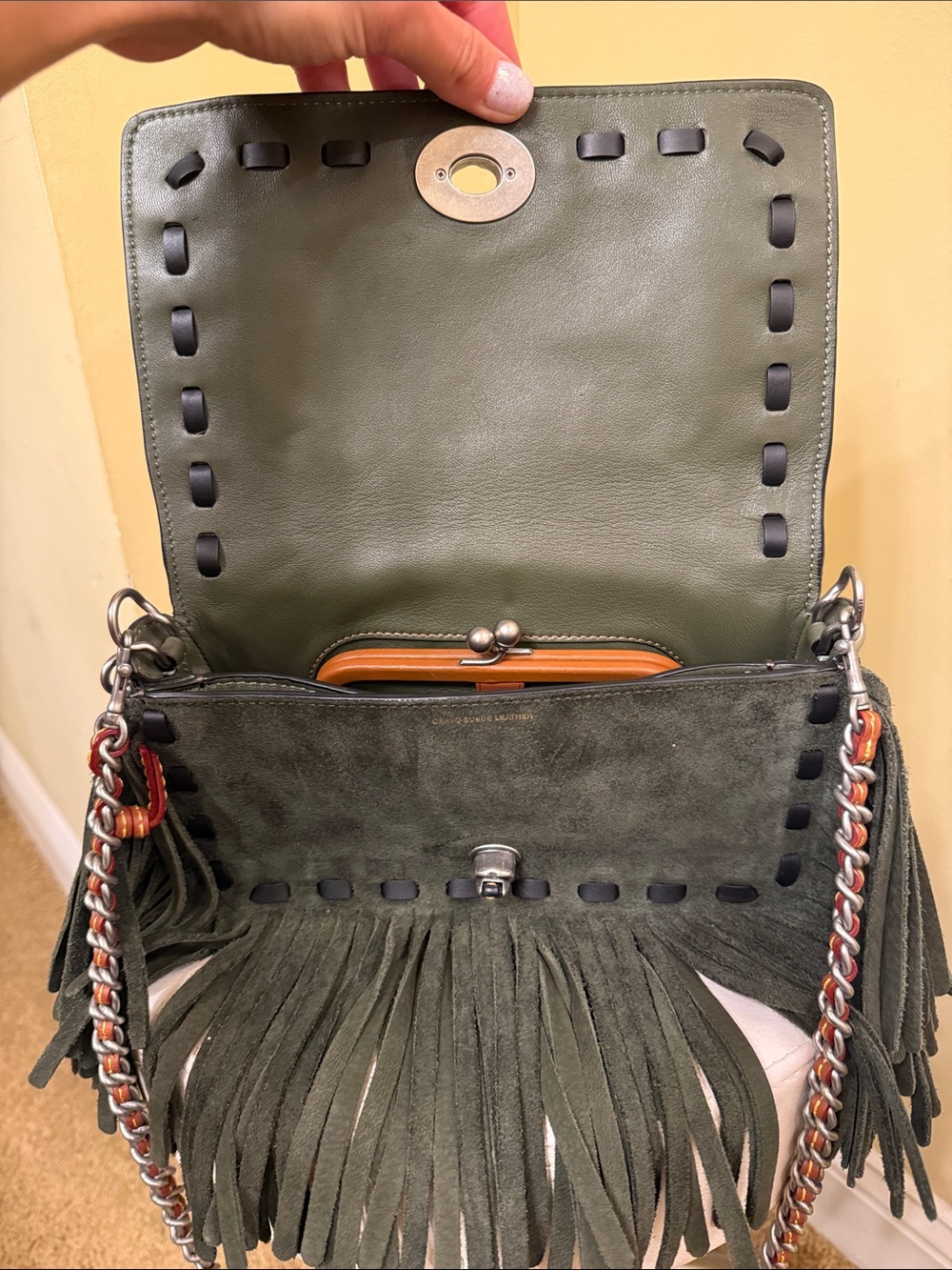 Coach 1941 Olive Suede Fringe Shoulder Bag with Silver Studs - Picture 4 of 9
